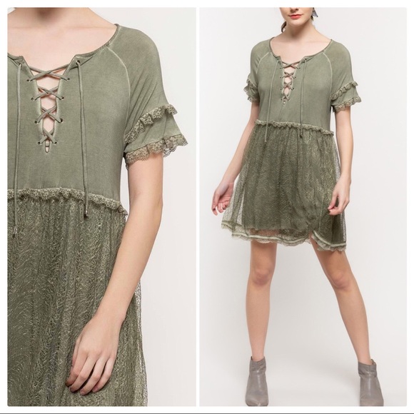 Sophia Boho Burnout Olive Green Dress - Picture 2 of 10